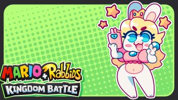 1girl animal_ears blonde_hair copyright_name crown earrings full_body furry furry_female green_background highres holding jaltoid jewelry long_hair mario_(series) mario_+_rabbids_kingdom_battle nintendo open_mouth phone puffy_sleeves rabbid rabbid_peach rabbit_ears raving_rabbids smile sphere_earrings v