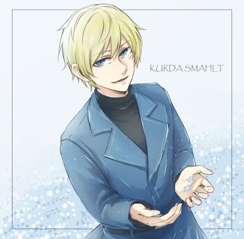 Rule 34 | 1boy, blonde hair, blue eyes, blue flower, blue suit, character name, scar on face, flower, formal clothes, gura (rick grick), kurda smahlt, male focus, scar, scar on cheek, scar on face, short hair, smile, solo, suit, sweater, the saga of darren shan, turtleneck, turtleneck sweater