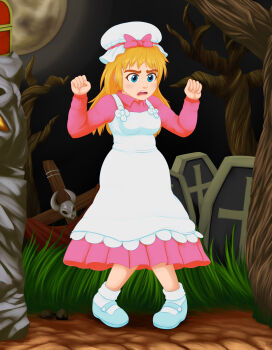 Rule 34 | 1girl, absurdres, blonde hair, blue eyes, breasts, capcom, dress, full body, genderswap, genderswap (mtf), grass, graveyard, hand up, hat, highres, long hair, makaimura, mentalcrash, moon, night, open mouth, pink dress, shoes, short hair, sir arthur (makaimura), skull, sky, standing, super ghouls 'n ghosts, surprised, tombstone, tree