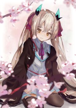 Rule 34 | 1girl, absurdres, black kimono, black thighhighs, blunt bangs, blunt ends, blurry, brown hair, cherry blossoms, closed mouth, commentary request, day, depth of field, fake horns, flower, full body, hair ribbon, hair tie, heaven burns red, highres, hime cut, horns, japanese clothes, kimono, long hair, long sleeves, looking at flowers, miniskirt, neck ribbon, no53 (pixiv 77486930), ogasahara hisame, open clothes, open kimono, orange eyes, outdoors, pink flower, pleated skirt, purple ribbon, red ribbon, ribbon, school uniform, shirt, sidelocks, simple background, sitting, skirt, smile, spring (season), straight hair, thighhighs, twintails, very long hair, wariza, white background, white shirt, white skirt, wide sleeves, zettai ryouiki