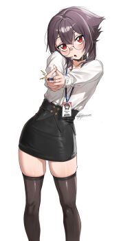 1girl absurdres black_collar black_skirt black_thighhighs brown_hair collar commentary contemporary english_commentary foreshortening formal_clothes glasses highres id_card kono_subarashii_sekai_ni_shukufuku_wo! lanyard megumin office_lady outstretched_arms pen pencil_skirt red_eyes round_eyewear shirt skirt skirt_suit solo suit thighhighs waligner white_shirt