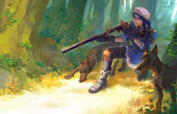 1girl absurdres arcane:_league_of_legends arcane_caitlyn artist_name asymmetrical_gloves beret black_gloves blue_dress blue_hair caitlyn_(league_of_legends) chain_collar dated dobermann dog dress fingerless_gloves forest furrowed_brow gloves gun hat highres holding holding_gun holding_weapon knee_pads league_of_legends low_ponytail military_hat military_uniform nature on_one_knee parted_bangs ponytail weapon white_hat yukinnn