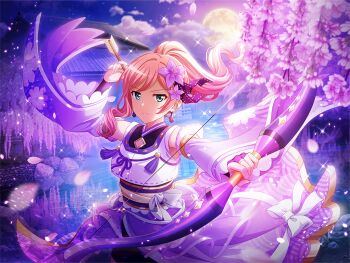 Rule 34 | 1girl, aqua eyes, architecture, arrow (projectile), bow (weapon), bridal gauntlets, cherry blossoms, closed mouth, detached sleeves, dress, earrings, east asian architecture, flower, full moon, game cg, gradient hair, hair flower, hair ornament, holding, holding arrow, holding bow (weapon), holding weapon, jewelry, long hair, long sleeves, looking at viewer, moon, multicolored hair, night, official art, orange hair, outdoors, pink hair, ponytail, purple dress, purple flower, purple sleeves, reflection, reflective liquid, seigaiha, serious, shoujo kageki revue starlight, shoujo kageki revue starlight -re live-, solo, sparkle, standing, tsuruhime yachiyo, upper body, v-shaped eyebrows, water, weapon, weeping cherry blossoms, wide sleeves