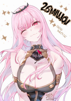 1girl absurdres armlet blush breasts cleavage gold_armlet head_tilt highres hololive hololive_english jewelry kamiya_maneki large_breasts long_hair milestone_celebration mori_calliope mori_calliope_(1st_costume) one_eye_closed pink_eyes pink_hair signature smile sparkle tiara twitter_username virtual_youtuber