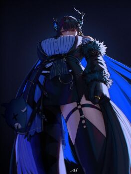 1girl asymmetrical_horns black_background black_hair black_horns black_skirt blue_hair breasts clenched_hand cowboy_shot from_below hashtag-only_commentary highres hololive hololive_english horns jailbird_(nerissa_ravencroft) large_breasts misteri2908 multicolored_hair nerissa_ravencroft nerissa_ravencroft_(1st_costume) purple_eyes shirt simple_background skirt solo two-tone_hair uneven_horns virtual_youtuber white_shirt