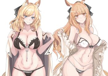 absurdres animal_ear_fluff animal_ears arknights aunt_and_niece belly_chain blemishine_(arknights) blonde_hair blue_eyes bra breasts brown_eyes coat covered_erect_nipples cowboy_shot extra_ears hair_ribbon highres horse_ears horse_girl horse_tail implied_extra_ears jewelry ken_(shutenndouji1) large_breasts navel nightgown panties ribbon tail underwear whislash_(arknights)
