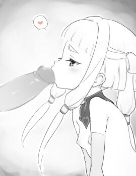 1boy 1girl blunt_bangs blush breasts censored code_geass detached_collar detached_sleeves fellatio from_side greyscale heart hetero kiikii_(kitsukedokoro) loli long_hair looking_at_penis monochrome mosaic_censoring nipples nude oral penis small_breasts solo_focus spoken_heart thick_eyebrows tianzi upper_body