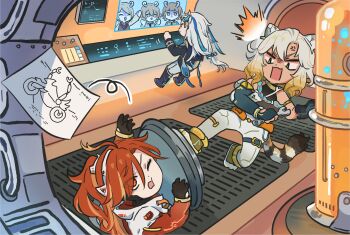 1boy 2girls animal_ears black_gloves black_sleeves blonde_hair blue_hair genshin_impact gloves gradient_hair green_eyes highres jaguar_ears jaguar_tail long_hair mavuika_(genshin_impact) melusine_(genshin_impact) multicolored_hair multiple_girls neuvillette_(genshin_impact) official_art one_eye_closed open_mouth orange_hair pants spacesuit tail white_hair white_pants xilonen_(genshin_impact) xinzoruo