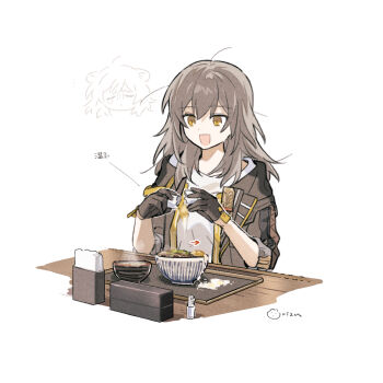 1boy arrow_(symbol) artist_name black_gloves black_jacket bowl commentary_request egg food glass gloves grey_hair hair_between_eyes hands_up highres holding holding_egg honkai:_star_rail honkai_(series) jacket lapels long_hair long_sleeves looking_at_food looking_down messy_hair miso_soup open_clothes open_jacket open_mouth rizu033 shirt sidelocks simple_background smile solo soup steam stelle_(honkai:_star_rail) t-shirt table tissue_box trailblazer_(honkai:_star_rail) tray upper_body white_background white_shirt yellow_eyes