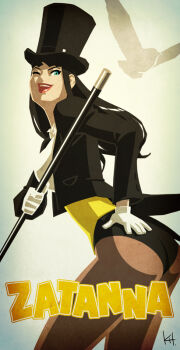 1girl ;) artist_name ass bird black_hair black_hat black_leotard blue_eyes bow bowtie breasts brown_pantyhose character_name coattails dc_comics dove female_focus gloves hand_on_own_ass happy hat holding holding_wand kit leotard lipstick long_hair looking_at_viewer magician makeup one_eye_closed open_mouth pantyhose pole signature smile solo thighs top_hat vest waistcoat wand white_bow white_gloves wink zatanna_zatara