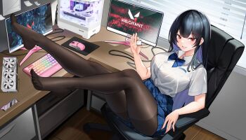 1girl black_hair black_pantyhose blue_bow blue_bowtie blush bow bowtie breast_pocket breasts chair collared_shirt computer computer_keyboard computer_mouse desk full_body graphics_card highres holding indoors large_breasts long_hair looking_at_viewer monitor open_mouth original otakueden1995 pantyhose pocket red_eyes shirt short_sleeves sitting smile swivel_chair thighs valorant white_shirt window_blinds wooden_floor