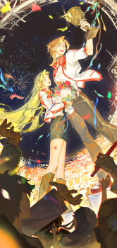 Rule 34 | 2girls, absurdres, blonde hair, bouquet, character request, confetti, copyright request, daoqian nu, flower, grey eyes, highres, holding, holding bouquet, holding trophy, jacket, long hair, looking at another, looking at object, medal, multiple girls, night, orange flower, parted bangs, people, pink flower, purple eyes, red trim, shirt, short sleeves, skirt, sky, teeth, tongue, trophy, upper teeth only, white jacket