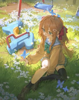 1girl absurdres ahoge asymmetrical_legwear badosan21 black_socks black_thighhighs blue_butterfly blue_eyes blue_sailor_collar blue_skirt blush bow bowtie brown_hair brown_shoes bug butterfly cardigan from_above from_side green_bow green_bowtie hair_between_eyes hair_ornament hair_ribbon hashtag-only_commentary heart heart_hair_ornament highres insect loafers long_hair long_sleeves miniskirt neuro-sama on_ground open_mouth outdoors pleated_skirt red_ribbon ribbon sailor_collar shoes single_sock single_thighhigh sitting skirt socks solo swing thighhighs two_side_up uneven_legwear vedal_ai virtual_youtuber yellow_cardigan