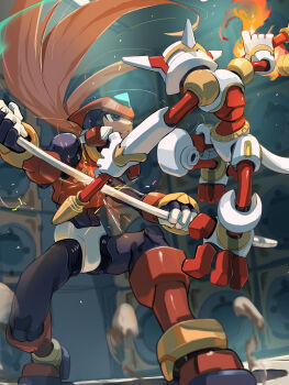 2boys absurdres armor battle blonde_hair fiery_tail fire forehead_jewel hanumachine_(mega_man) helmet highres holding holding_pole holding_polearm holding_weapon indoors long_hair male_focus mega_man_(series) mega_man_zero_(series) mega_man_zero_1 monkey multiple_boys omochi_(mochi_skymega) pole polearm red_armor red_helmet ruyi_jingu_bang spear tail weapon zero(z)_(mega_man) zero_(mega_man)