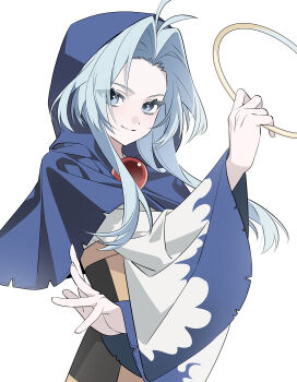 1girl absurdres antenna_hair blue_eyes blue_hair blue_hood commentary curtained_hair hand_up highres holding holding_hoop hood hood_up hoop jewelry kesa kiliko-san kumoi_ichirin long_hair long_sleeves looking_at_viewer pendant shirt simple_background smile solo touhou upper_body white_background white_shirt wide_sleeves