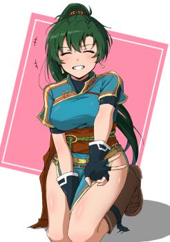 1girl blue_dress breasts dress earrings fingerless_gloves fire_emblem fire_emblem:_the_blazing_blade gloves green_eyes green_hair high_ponytail highres jewelry large_breasts long_hair lyn_(fire_emblem) nintendo pelvic_curtain ponytail rope_belt side_slit solo vankin