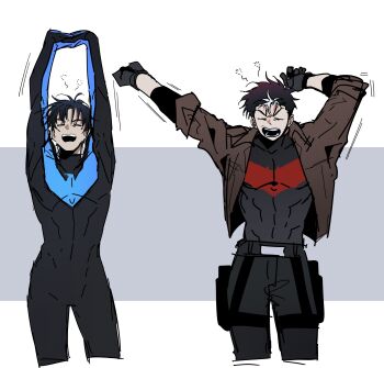 bat_signal batman_(series) batman_symbol black_bodysuit black_gloves black_hair bodysuit brown_jacket dc_comics dick_grayson gloves grey_bodysuit highres jacket jason_todd male_focus multicolored_bodysuit multicolored_hair multiple_boys muscular muscular_male nageune_1010 nightwing open_clothes pants red_hood_(dc) red_hood_and_the_outlaws short_hair superhero_costume taut_bodysuit two-tone_bodysuit two-tone_hair