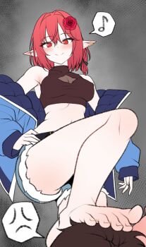 1girl 1other absurdres ambiguous_gender bare_legs bare_shoulders blue_jacket blue_shorts breasts brown_shirt cleavage_cutout closed_mouth clothing_cutout commentary_request covered_erect_nipples crop_top denim denim_shorts down_jacket dungeon_and_fighter eclipse_(dungeon_and_fighter) feet female_mage_(dungeon_and_fighter) flower fur_trim hair_flower hair_ornament hand_on_own_hip highres jacket kkam-sang korean_commentary leg_up long_sleeves looking_at_viewer medium_breasts midriff musical_note navel off_shoulder pointy_ears red_eyes red_hair shirt short_hair short_shorts shorts sleeveless sleeveless_shirt smile solo_focus spoken_musical_note stepped_on stomach summoner_(dungeon_and_fighter) thighs toes
