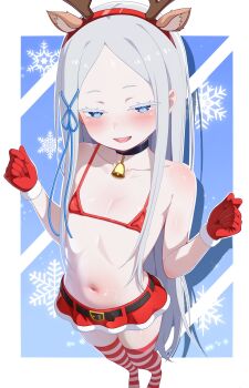 1girl :d animal_ears antlers bare_shoulders bell belt bikini bikini_top_only black_belt black_choker blue_eyes blue_ribbon blush choker christmas collarbone colored_eyelashes covered_erect_nipples cubson deer_ears fake_animal_ears fake_antlers flat_chest forehead fur-trimmed_gloves fur-trimmed_skirt fur_trim gloves grey_hair hair_ornament hair_ribbon hairband hands_up horns jingle_bell loli long_hair looking_at_viewer micro_bikini miniskirt navel neck_bell open_mouth pale_skin pandora_(re:zero) parted_bangs re:zero_kara_hajimeru_isekai_seikatsu red_bikini red_gloves red_skirt red_thighhighs reindeer_antlers ribbon santa_costume sidelocks skirt smile snowflake_background snowflakes solo standing stomach striped_clothes striped_thighhighs swimsuit teeth thighhighs upper_teeth_only very_long_hair white_hair