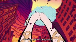 2girls animated anime_screenshot battle blonde_hair brief_(psg) city destruction firing garterbelt_(psg) giant giantess gun handgun long_hair multiple_girls no_panties no_pussy panty_&amp;_stocking_with_garterbelt sound stocking_(psg) sword tagme video weapon