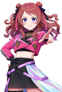 1girl belt black_ribbon black_shirt black_skirt blue_eyes blue_overskirt blush braid brown_hair closed_mouth commentary_request cowboy_shot crop_top cropped_jacket double_bun earrings fighting_my_way_(idolmaster) gakuen_idolmaster hair_bun hair_ribbon half-skirt hanami_saki hand_on_own_hip hoop_earrings idol_clothes idolmaster jacket jewelry long_sleeves looking_at_viewer medium_hair midriff nail_polish navel pencil_skirt pink_jacket pink_nails pink_ribbon pointing pointing_at_viewer purple_belt ribbon sakura_ran shirt side_braids signature simple_background skirt smile solo standing swept_bangs two_side_up white_background