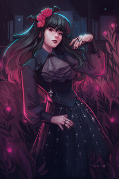 Rule 34 | 1girl, artist name, ascot, bat hair ornament, black hair, black nails, black skirt, black vest, black wrist cuffs, book, bookshelf, closed mouth, collar chain (jewelry), commentary, cowboy shot, cross, cross necklace, cross print, english commentary, fascinator, flower, fruits basket, grey eyes, grey shirt, hair flower, hair ornament, hanajima saki, highres, jewelry, kiraknight, long hair, long sleeves, looking at viewer, multiple rings, necklace, plant, puffy long sleeves, puffy sleeves, red flower, red lips, red rose, ring, rose, shirt, silver necklace, skirt, solo, standing, vest, wrist cuffs