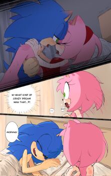1boy 1girl aftersex amy_rose bedhead bite_mark blue_fur claw_mark closed_eyes drooling eyelashes gasp green_eyes hetero hickey hickey_marks highres holding_arms holding_legs in_bed knee_blush messy_hair missionary pink_fur pupu_san01 scratch_marks sega sex sonamy sonic_(series) sonic_the_hedgehog surprised under_covers waking_up