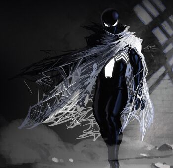 1boy absurdres animal_print artist_name black_bodysuit bodysuit commentary english_commentary enzo_fernandez grey_background grey_cloak highres looking_at_viewer male_focus marvel mask signature silk smoke solo spider-man spider-man_(series) spider_print superhero_costume symbiote v-shaped_eyes