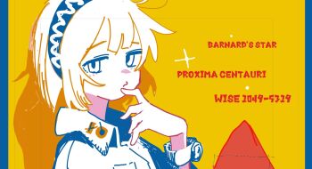 1girl blush english_text finger_to_mouth hairband hand_up long_sleeves original short_hair simple_background solo upper_body watch wristwatch yamaso yellow_background