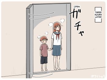 Rule 34 | 1boy, 1girl, age difference, barefoot, black shorts, blue skirt, blush, brother and sister, commentary request, door, english text, full body, ganaishoten, highres, holding hands, implied after sex, implied incest, older female and younger male, open door, original, red hair, room you can't get out of unless you x (meme), school uniform, serafuku, short hair, short sleeves, shorts, siblings, skirt, speech bubble, standing, teenage girl and younger boy