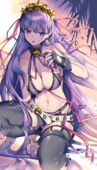 Rule 34 | 1girl, absurdres, bare shoulders, bb (fate), bb (swimsuit mooncancer) (second ascension) (fate), beach, belt, bikini, bikini top only, bikini under clothes, black boots, black gloves, black shorts, blue thighhighs, blush, boots, breasts, cleavage, clothing cutout, digital dissolve, earrings, embarrassed, fate/grand order, fate (series), fingerless gloves, foreshortening, full body, glitch, glove cutout, gloves, groin, hair ribbon, halterneck, highres, jewelry, large breasts, linea alba, long hair, looking at viewer, nail polish, navel, neck ribbon, open mouth, outdoors, purple bikini, purple eyes, purple hair, purple nails, ribbon, ribbon between breasts, shikuwata, short shorts, shorts, small sweatdrop, solo, squatting, star (symbol), star earrings, star hairband, stomach, string bikini, sunset, swimsuit, thick thighs, thigh boots, thighhighs, thighhighs under boots, thighs, toned, twilight, very long hair, white belt