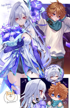 1girl absurdres aged_down bare_shoulders blue_flower blush bouquet breasts chibi child dress flower genshin_impact hair_between_eyes hair_ornament highres holding holding_bouquet long_hair medium_breasts pottsness prosthesis prosthetic_arm prosthetic_leg red_eyes skirk_(genshin_impact) smile speech_bubble tartaglia_(genshin_impact) very_long_hair white_hair