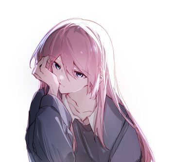 1girl bang_dream! bang_dream!_it's_mygo!!!!! chihaya_anon grey_eyes grey_shirt hair_between_eyes hibioes highres long_hair long_sleeves parted_lips pink_hair shirt simple_background solo upper_body white_background