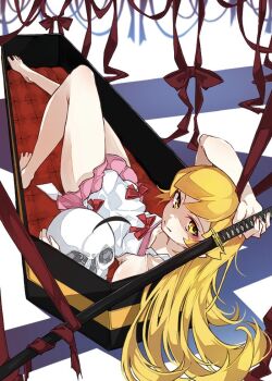 Rule 34 | 1girl, bare shoulders, barefoot, blonde hair, blush, blush stickers, breasts, coffin, dress, gonza (gonzares910), hashtag-only commentary, holding, holding sword, holding weapon, katana, long hair, looking at viewer, monogatari (series), oshino shinobu, pink skirt, pointy ears, skirt, skull, small breasts, smile, solo, sword, vampire, weapon, white dress, yellow eyes