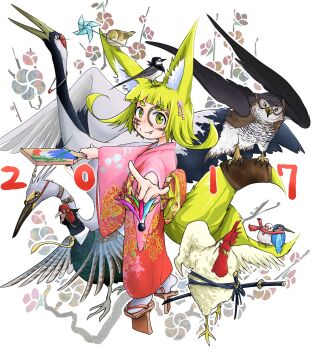 2017 animal animal_on_head bandana bird bird_on_head bird_request blonde_hair blunt_bangs brown_jacket chicken clothed_animal commentary_request crane_(animal) detached_collar doitsuken facepaint fang fang_out floral_print fox_shadow_puppet geta goggles hagoita hair_ornament highres holding jacket japanese_clothes java_sparrow jewelry katana kimono long_sleeves looking_at_viewer mouth_hold necklace necktie obi on_head original paddle pink_kimono red-crowned_crane red_scarf rooster sash scarf shared_clothes shared_scarf short_eyebrows short_hair smile solo standing sunglasses sword tabi tengu-geta thick_eyebrows weapon white_java_sparrow white_legwear wide_sleeves yellow_necktie