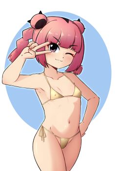 1girl bikini blue_background blush closed_mouth collarbone coral_(pokemon) cowboy_shot dot_nose eyelashes eyeshadow fang female_focus fingernails flat_chest hand_on_own_hip hand_up konan_exe loli looking_at_viewer makeup matching_hair/eyes medium_hair navel nintendo one_eye_closed pink_eyes pink_eyeshadow pink_hair pokemon pokemon_(anime) pokemon_horizons side-tie_bikini_bottom simple_background smile solo standing swimsuit twintails two-tone_background v v_over_eye white_background yellow_bikini