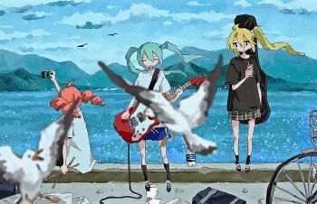3girls akita_neru bicycle bird black_shirt blonde_hair blue_shorts blurry blurry_foreground day drill_hair drink_carton drumsticks green_skirt hair_between_eyes hatsune_miku holding holding_drumsticks holding_juice_box jitome juice_box kasane_teto kasane_teto_(utau) lake multiple_girls outdoors plaid_clothes plaid_skirt pleated_skirt red_hair seagull shirt shorts side_ponytail skirt standing taking_picture twin_drills twintails utau vocaloid w0_0ny_chloe white_shirt
