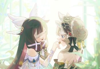 2girls bare_shoulders black_bow black_hair blue_eyes bow brown_hair closed_eyes columbina_(genshin_impact) commentary dress eye_mask feathered_wings feeding food_in_mouth frilled_headwear frilled_sleeves frills genshin_impact hair_ornament hair_ribbon headdress highres kinittini1111 mask multiple_girls off_shoulder open_mouth pink_hair ribbon sandrone_(genshin_impact) see-through_clothes see-through_mask sweatdrop symbol-only_commentary updo upper_body white_bow white_dress white_ribbon wing_hair_ornament wings yuri