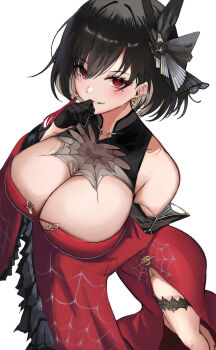 1girl absurdres arm_under_breasts azur_lane bare_shoulders black_bow black_hair blush bow breasts chien_wu_(azur_lane) cleavage colored_inner_hair commentary_request detached_sleeves dress earrings frilled_sleeves frills grin hair_between_eyes hair_ornament hand_up highres jewelry large_breasts looking_at_viewer mismatched_earrings mole mole_under_eye multicolored_hair red_dress red_eyes short_hair side_slit simple_background smile solo soul_(dp11) spider_web_pattern spider_web_print standing thigh_strap thighs white_background