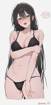 1girl :o absurdres artist_name black_bra black_eyes black_panties bow bow_panties bra breasts character_request cleavage collarbone commentary_request copyright_request hair_between_eyes hand_on_own_arm highres large_breasts looking_at_another looking_at_viewer navel open_mouth panties simple_background solo sooon stomach sweat teeth thighs tongue twitter_username underwear underwear_only white_background