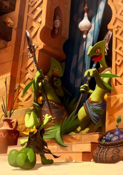 against_wall badge basket berry_(pokemon) clothed_pokemon curtains day gen_3_pokemon gen_5_pokemon highres holding holding_polearm holding_weapon joltik nintendo no_humans open_mouth outdoors plant pokemon pokemon_(creature) pokemon_mystery_dungeon polearm potted_plant realspacejunk sceptile spear stairs sunlight treecko vase weapon
