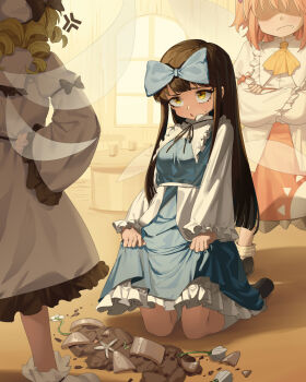 Rule 34 | 3girls, absurdres, ascot, backlighting, black ribbon, blue bow, blue dress, blunt bangs, blush, bow, breasts, broken flower pot, broken pieces, brown eyes, brown hair, clothes lift, commentary request, crossed arms, dress, fang, fang out, flower, flower pot, frilled shirt collar, frills, full body, hair bow, hand on own hip, highres, indoors, kneehighs, kneeling, leaning back, lifting own clothes, long hair, long sleeves, looking at another, luna child, multiple girls, petticoat, plant, potted plant, puffy long sleeves, puffy sleeves, ribbon, sidelocks, skirt, skirt lift, small breasts, socks, soil, solo focus, star sapphire, sunny milk, sweat, touhou, upturned eyes, very long hair, white dress, white flower, white socks, wide sleeves, window, yazato ichimushi, yellow ascot, yellow eyes