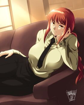 1girl black_necktie black_pants braid braided_ponytail breasts chainsaw_man closed_mouth collared_shirt couch danmakuman formal_clothes highres large_breasts long_hair long_sleeves looking_at_viewer makima_(chainsaw_man) medium_hair necktie office_lady pants red_hair ringed_eyes shirt shirt_tucked_in sidelocks smile solo white_shirt yellow_eyes