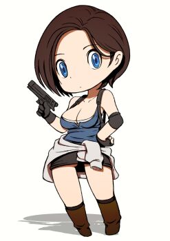 Rule 34 | 1girl, asymmetrical gloves, beeru (veil8801), black gloves, black skirt, black socks, blue eyes, blue shirt, boots, breasts, brown boots, brown hair, cleavage, closed mouth, clothes around waist, collarbone, commentary request, deformed, elbow sleeve, finger on trigger, fingerless gloves, full body, gloves, gun, hand on own hip, handgun, highres, holding, holding gun, holding weapon, jill valentine, knee boots, kneehighs, large breasts, legs apart, miniskirt, resident evil, resident evil 3: nemesis, resident evil 3 (remake), shadow, shirt, short hair, simple background, single fingerless glove, skirt, socks, solo, standing, sweater, sweater around waist, undershirt, weapon, white background, white sweater