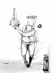 Rule 34 | 1boy, bag on head, bomb, chainsaw, dr. salvador, english text, explosive, full body, greyscale, heart, holding, holding chainsaw, holding weapon, monochrome, neoyoshi eg, resident evil, resident evil 4, sleeves rolled up, spoken heart, tripwire, wading, weapon