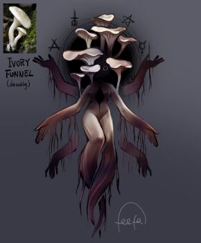 Rule 34 | 1girl, english text, extra arms, feefal, full body, funguary, highres, leotard, monster, monster girl, mushroom, mushroom girl, object and personification, original, personification, photo inset, reference inset, signature, simple background, solo