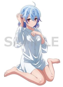 Rule 34 | 1girl, ahoge, anime coloring, barefoot, blue hair, breasts, closed mouth, collared shirt, dress shirt, full body, hair between eyes, hand in own hair, long sleeves, medium hair, red eyes, ruti ragnason, sample watermark, shin no nakama janai to yuusha no party wo oidasareta no de henkyou de slow life suru koto ni shimashita, shirt, simple background, sitting, solo, thighs, wariza, watanabe ruriko, watermark, white background, white shirt