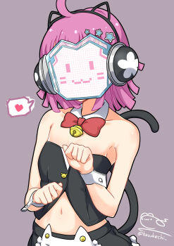 1girl :3 absurdres ahoge animal_ear_headwear animal_ears armpits bare_shoulders basukechi black_skirt black_vest blunt_ends breasts brown_background buttons cat_ears cat_tail commentary cowboy_shot detached_collar fake_animal_ears frilled_skirt frills headphones heart highres love_live! love_live!_nijigasaki_high_school_idol_club medium_hair midriff mob_face navel pink_hair screen shirt signature simple_background skirt small_breasts solo spoken_heart stomach strapless strapless_shirt tail tennoji_rina twitter_username vest wrist_cuffs