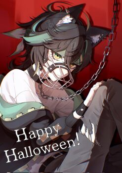 Rule 34 | 1boy, ahoge, animal ear fluff, animal ears, belt, black hair, black hoodie, black pants, bracelet, cat ears, chain, chain leash, closed mouth, collar, commentary request, crossed bangs, genshin impact, green eyes, green hair, green headband, green streaks, hair between eyes, halloween, hands on own knees, happy halloween, headband, highres, hood, hood down, hoodie, jewelry, k2injji, kemonomimi mode, kinich (genshin impact), korean commentary, leash, long sleeves, looking at viewer, male focus, multicolored hair, muzzle (mask), pants, shirt, simple background, sitting, solo, streaked hair, torn clothes, torn pants, white shirt