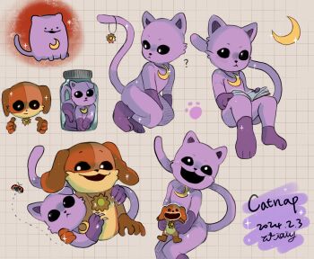 2boys :&lt; :3 ? alternate_form animal_ears black_sclera book bug cat_boy cat_ears cat_tail catnap_(poppy_playtime) character_name claws colored_sclera commentary_request dark_orange_fur dark_purple_fur dog_boy dog_ears dogday_(poppy_playtime) dotted_line fingernails full_body gas highres holding holding_book insect jar jewelry ladybug looking_at_viewer looking_back male_focus meme moon moon_(ornament) moon_necklace multicolored_fur multiple_boys multiple_views necklace orange_fur paw_print poppy_playtime purple_fur sharp_claws sharp_fingernails smile smiling_critters smoke sparkle stuffed_toy sun_(ornament) sun_necklace sun_symbol tagme tail toy upper_body white_eyes